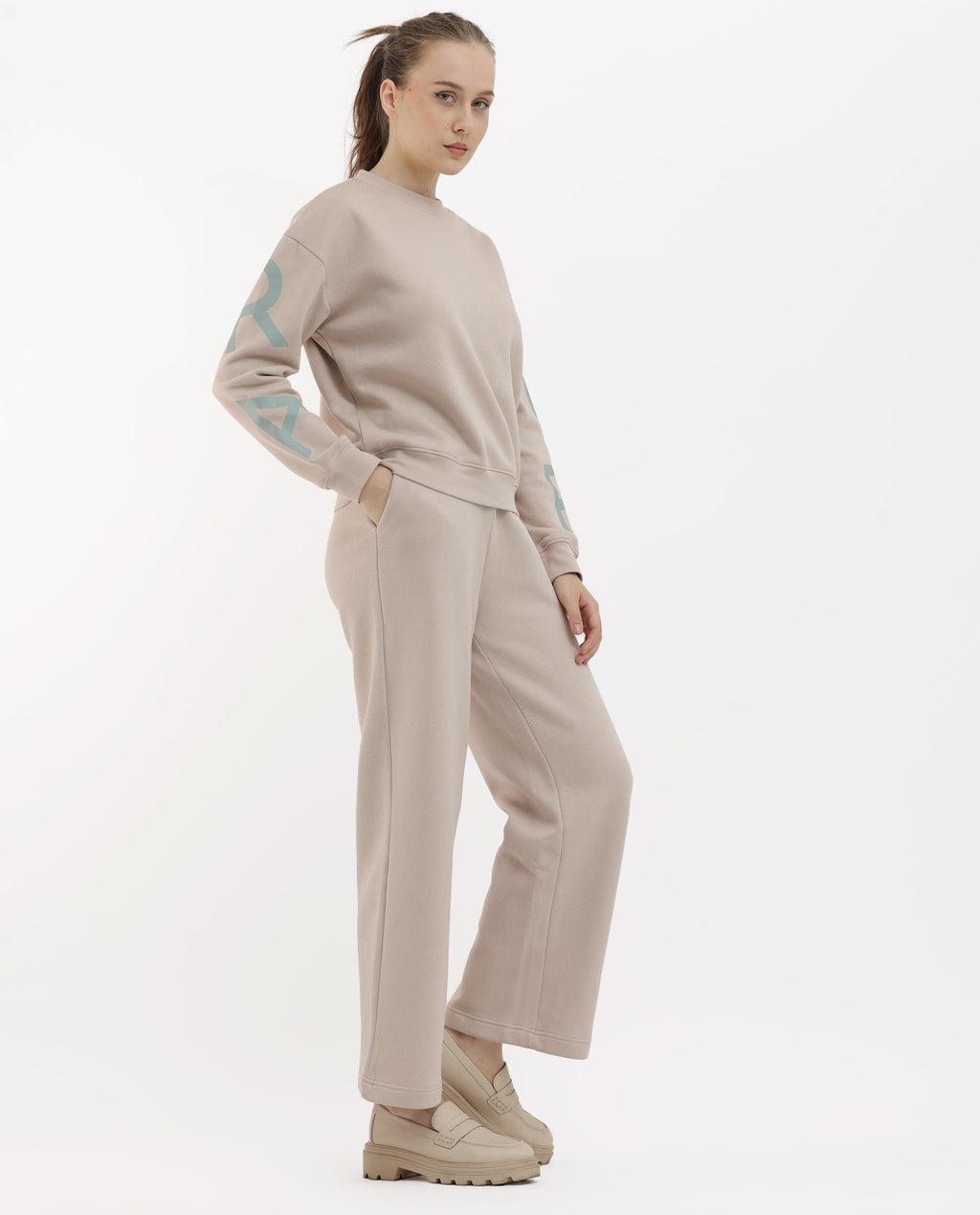 Rareism Women's Pazoo F Beige Cotton Blend Plain Ankle Length Flared Track Pant