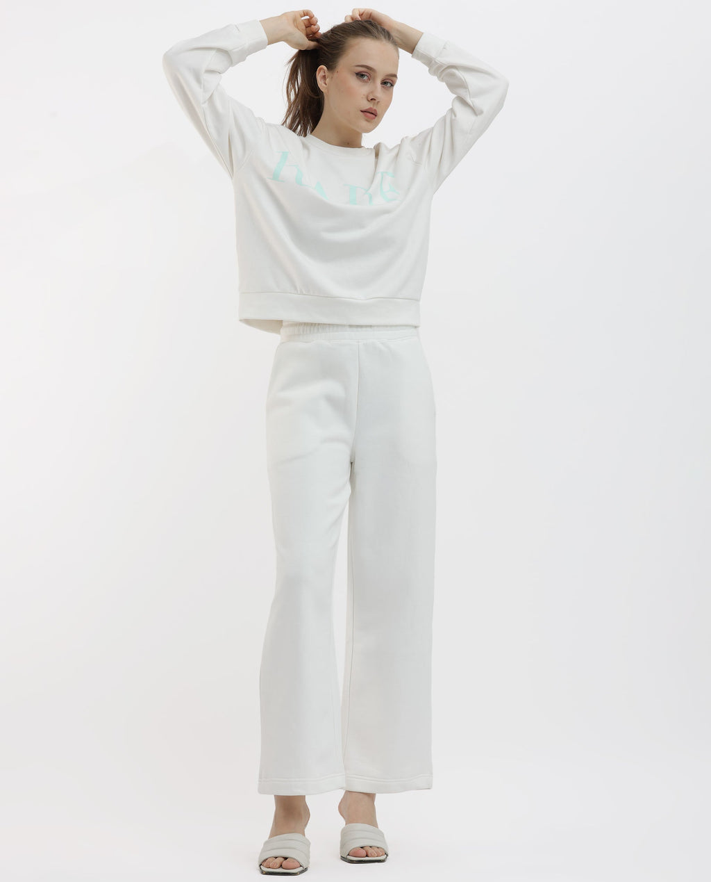 Rareism Women's Pazoo F1 Off White Cotton Blend Plain Ankle Length Flared Track Pant