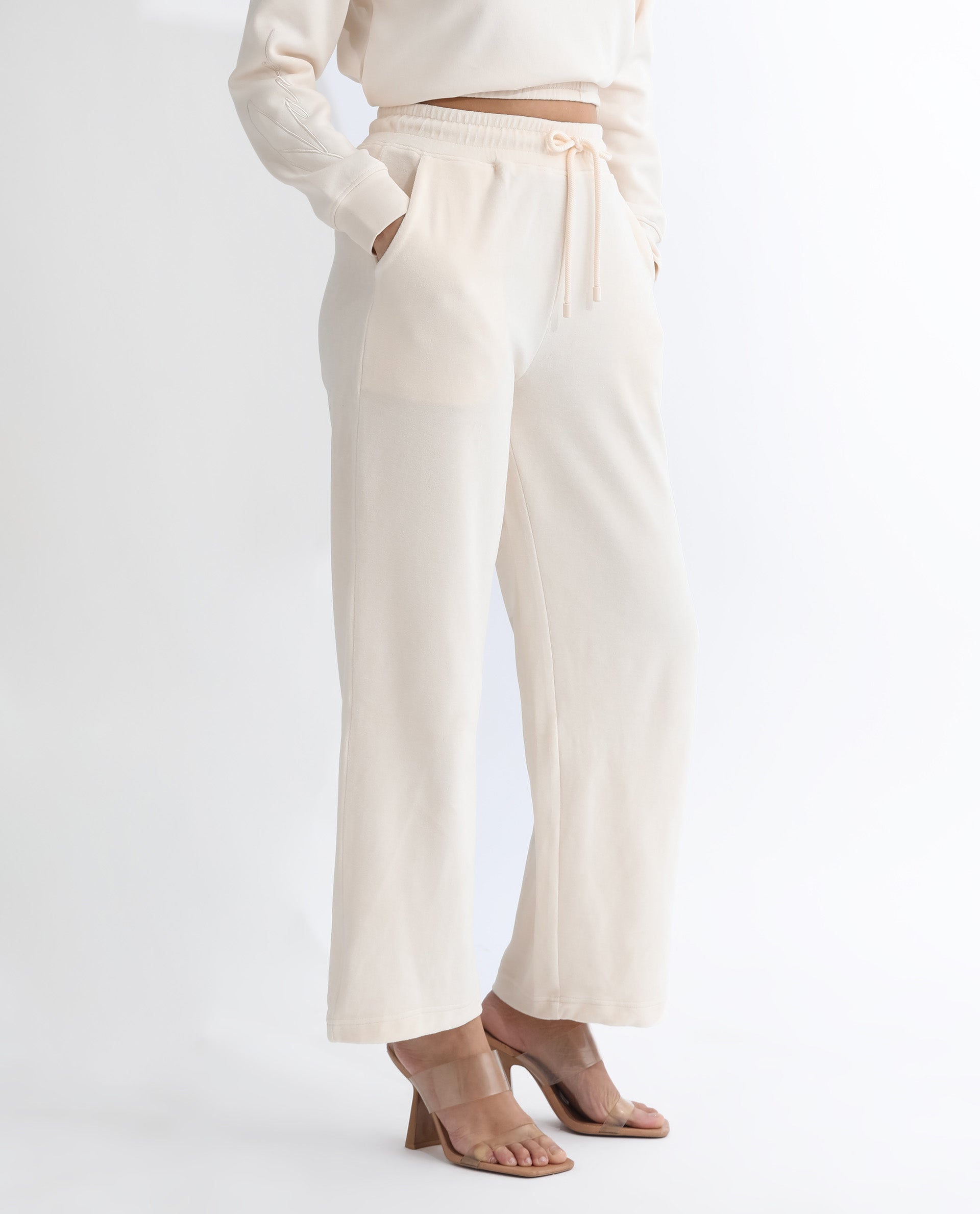 Rareism Women's Pazoo Tt Beige Cotton Blend Plain Ankle Length Flared Track Pant