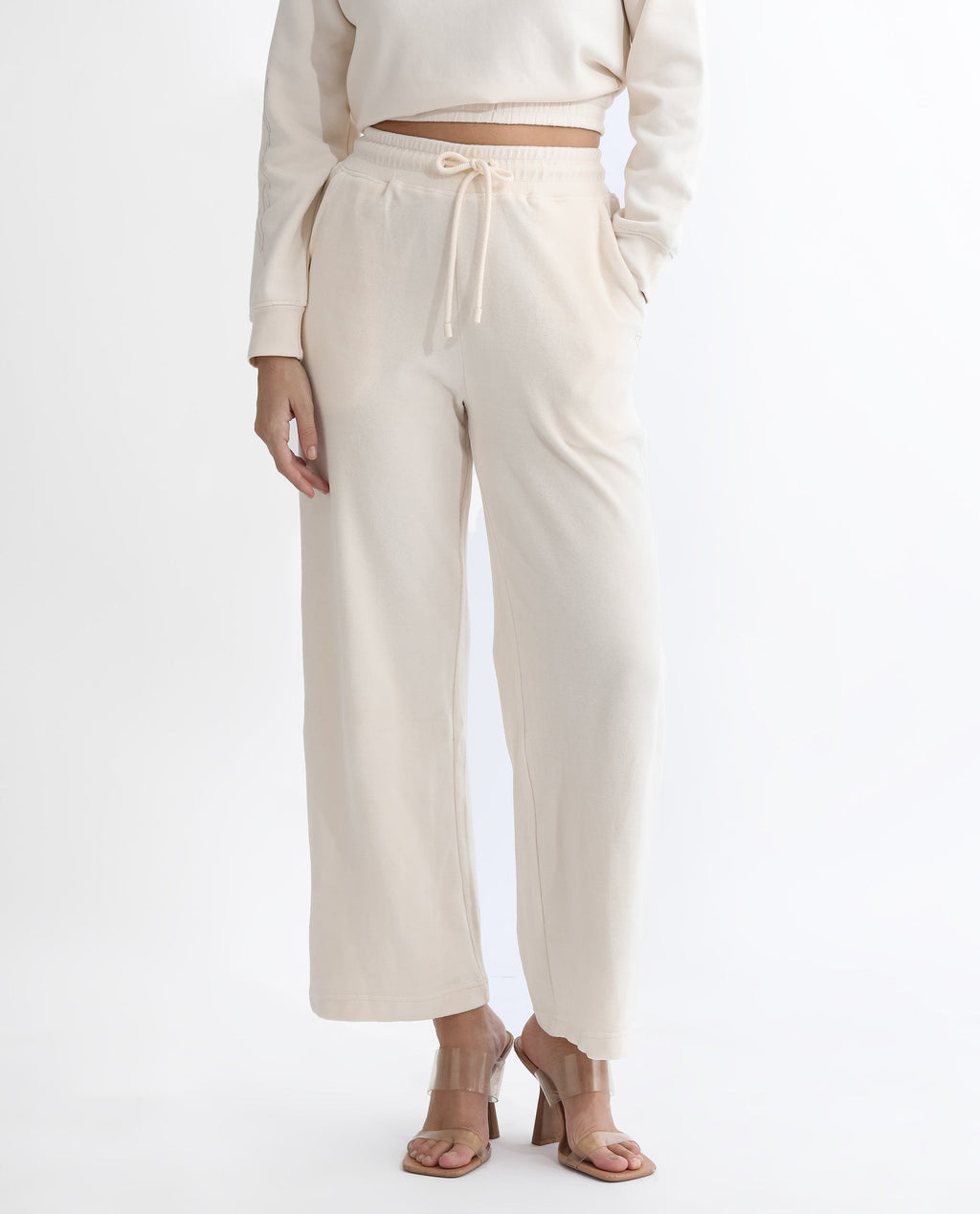 Rareism Women's Pazoo Tt Beige Cotton Blend Plain Ankle Length Flared Track Pant