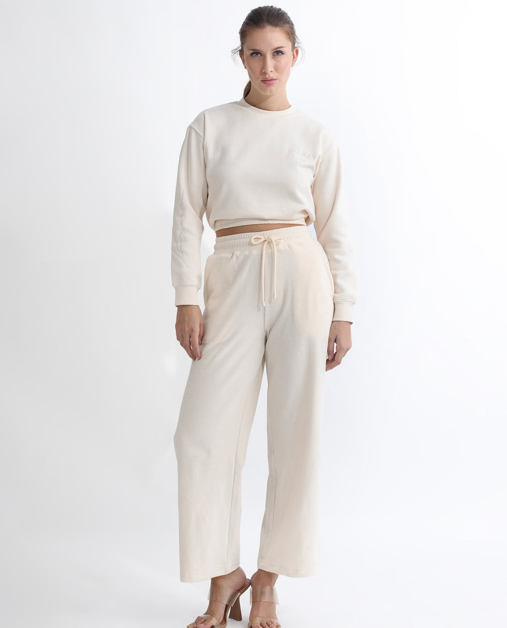Rareism Women's Pazoo Tt Beige Cotton Blend Plain Ankle Length Flared Track Pant