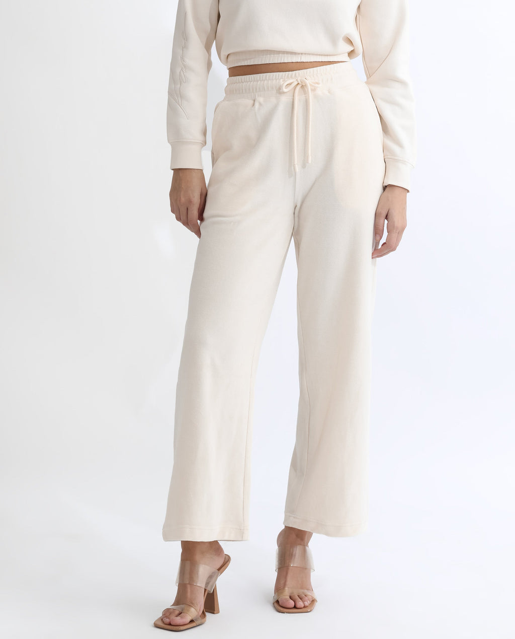 Rareism Women's Pazoo Tt Beige Cotton Blend Plain Ankle Length Flared Track Pant