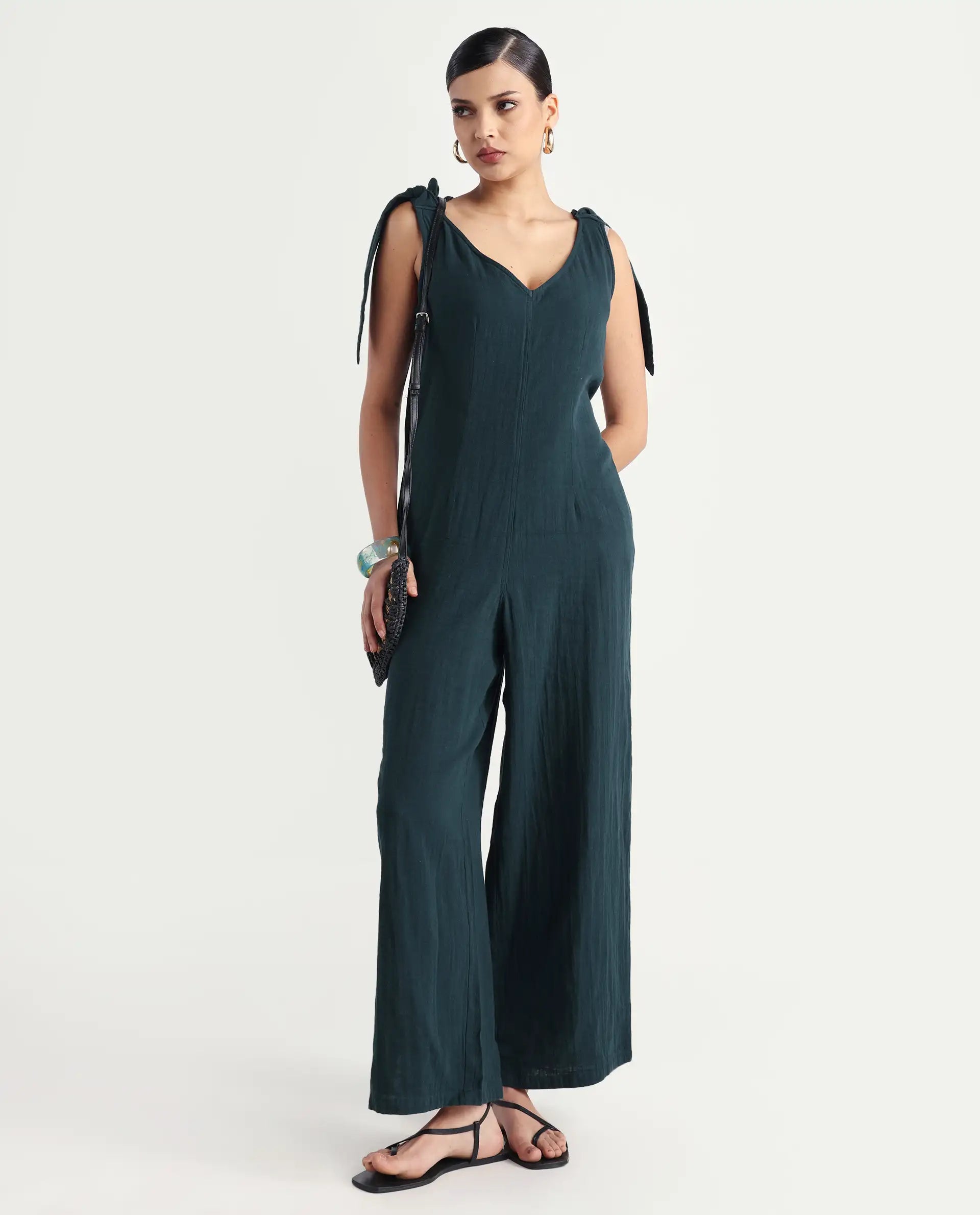 Rareism Women's Peanut Green Cotton V-Neck Plain Sleeveless Knee Length Tailored Jumpsuit