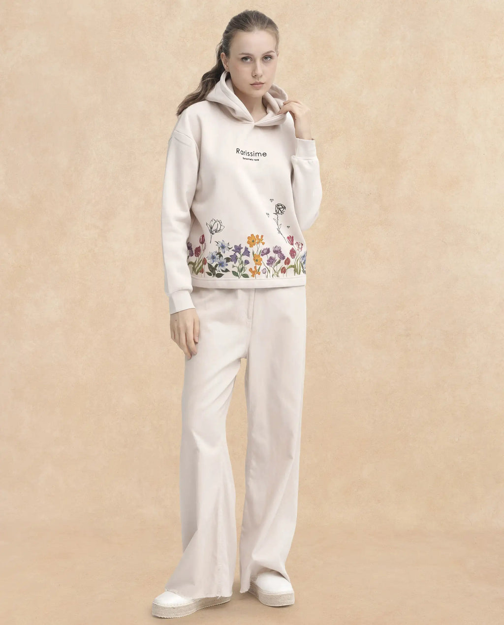 Rareism Women's Pearson Beige Polyester Blend Hooded Floral Print Cuffed Sleeve Regular Fit Sweatshirt