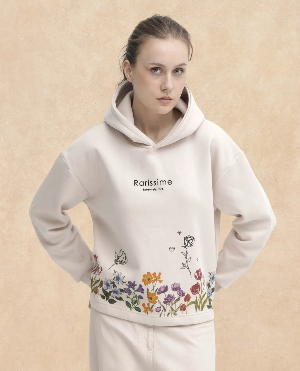 Rareism Women's Pearson Beige Polyester Blend Hooded Floral Print Cuffed Sleeve Regular Fit Sweatshirt