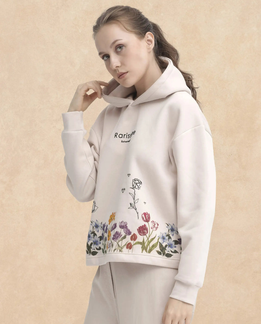 Rareism Women's Pearson Beige Polyester Blend Hooded Floral Print Cuffed Sleeve Regular Fit Sweatshirt