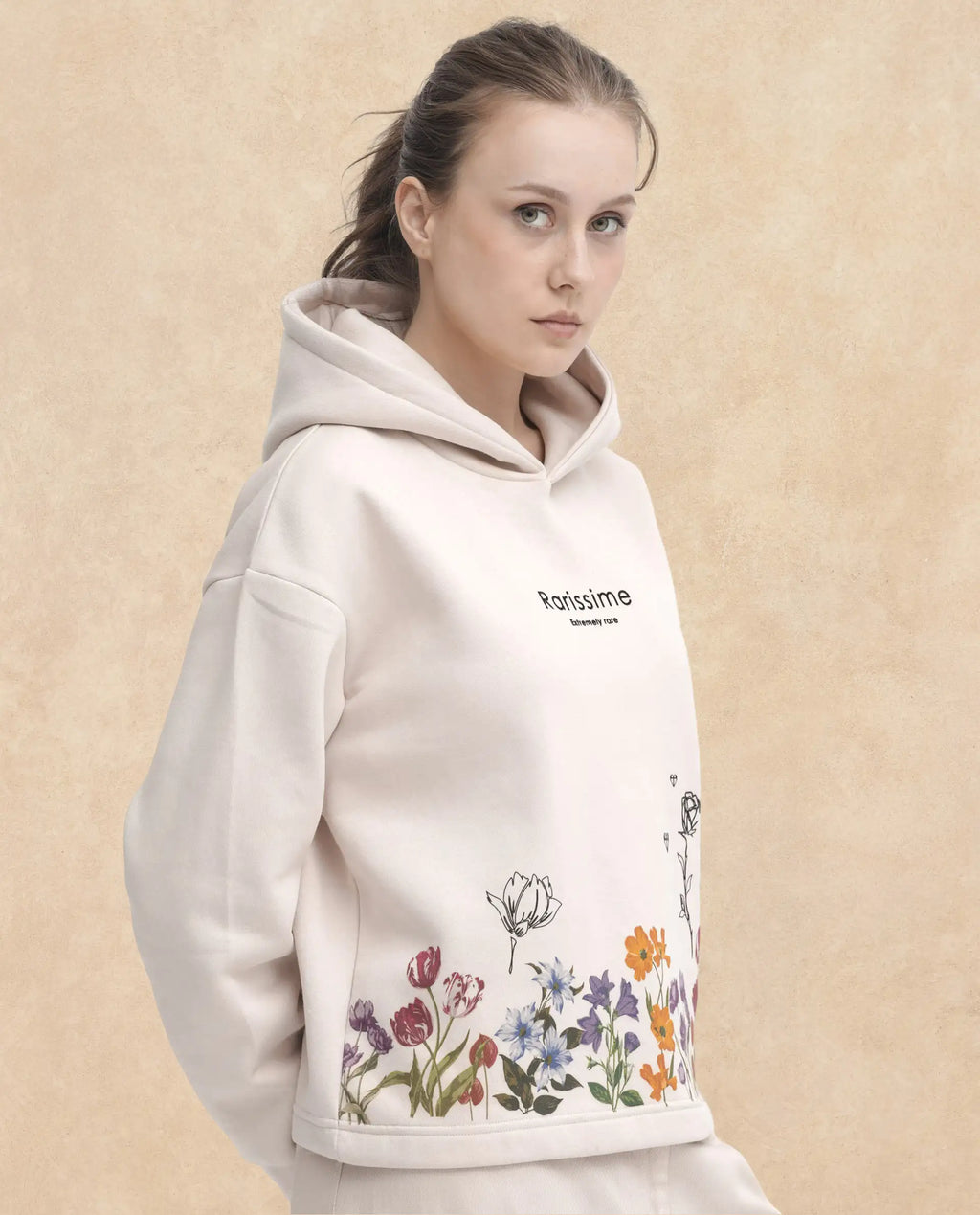 Rareism Women's Pearson Beige Polyester Blend Hooded Floral Print Cuffed Sleeve Regular Fit Sweatshirt