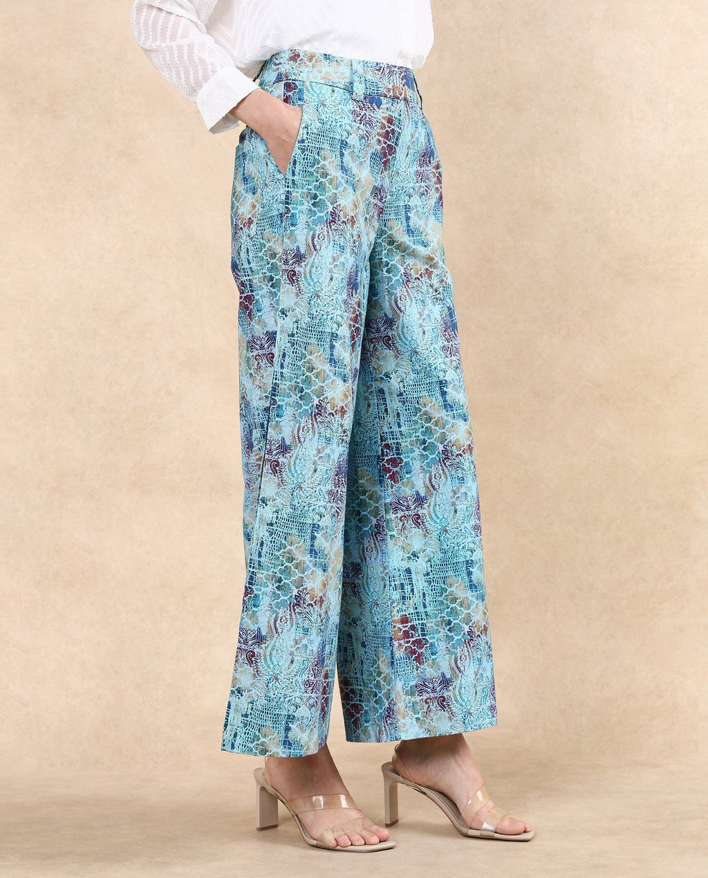 Rareism Women's Pescara Multi Cotton Abstract Print Ankle Length Wide Trouser
