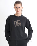 Rareism Women's Peggy Black Polyester Blend Ribbed Collar Graphic Print Cuffed Sleeve Relaxed Fit Sweatshirt