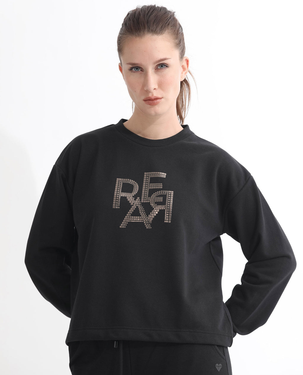 Rareism Women's Peggy Black Polyester Blend Ribbed Collar Graphic Print Cuffed Sleeve Relaxed Fit Sweatshirt