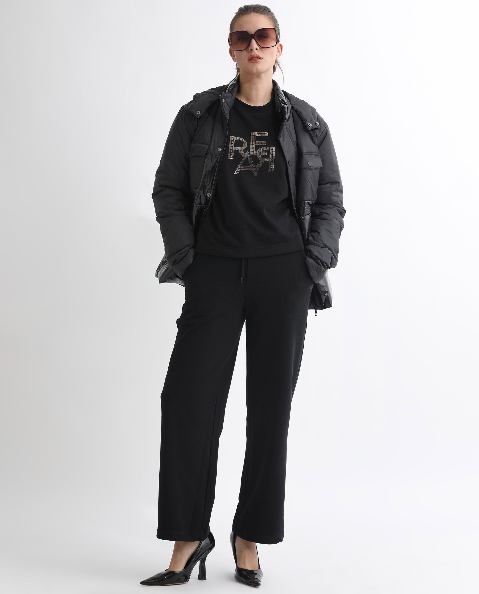 Rareism Women's Peggy Black Polyester Blend Ribbed Collar Graphic Print Cuffed Sleeve Relaxed Fit Sweatshirt
