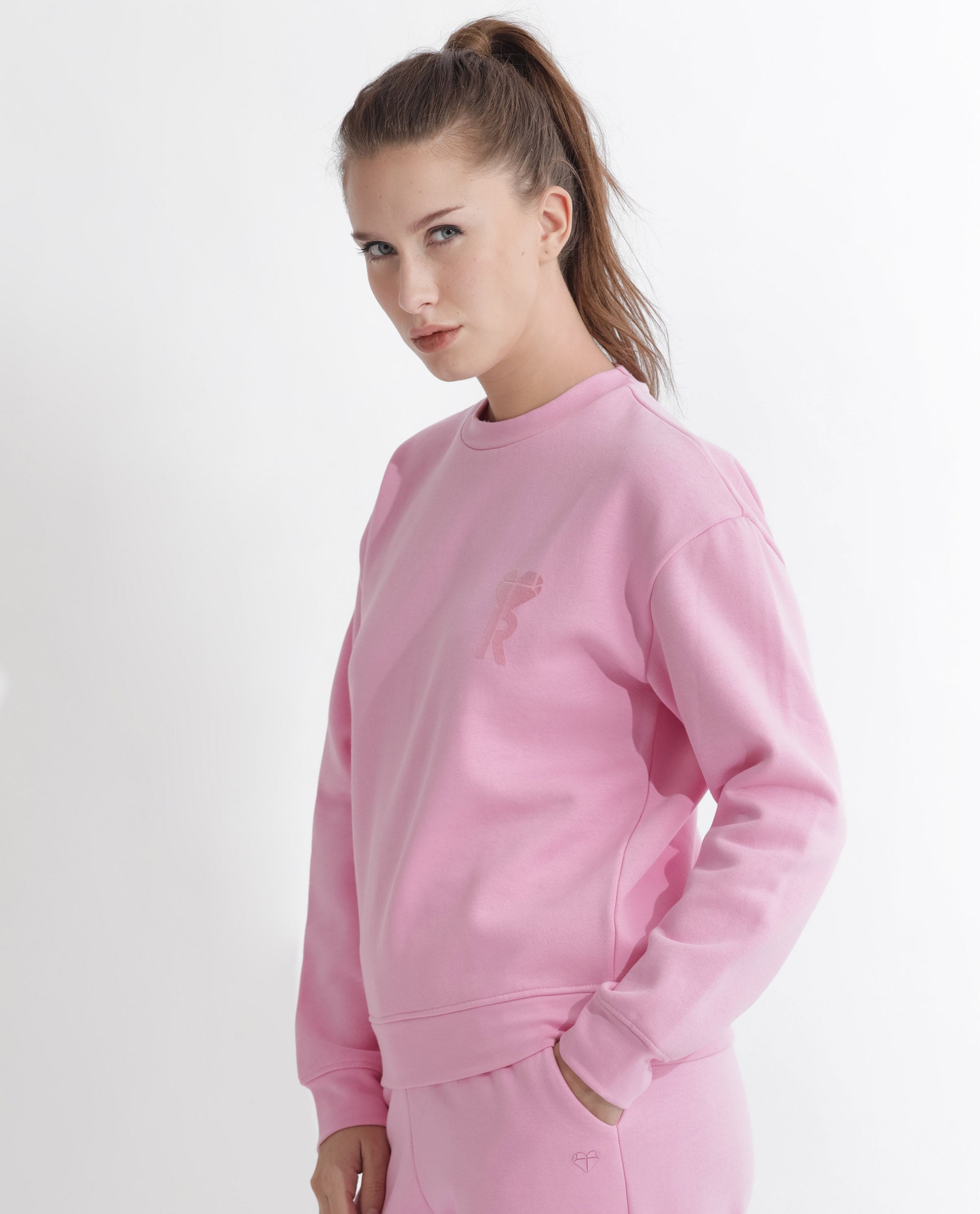 Rareism Women's Pelser Light Pink Polyester Blend Ribbed Collar Plain Cuffed Sleeve Relaxed Fit Sweatshirt
