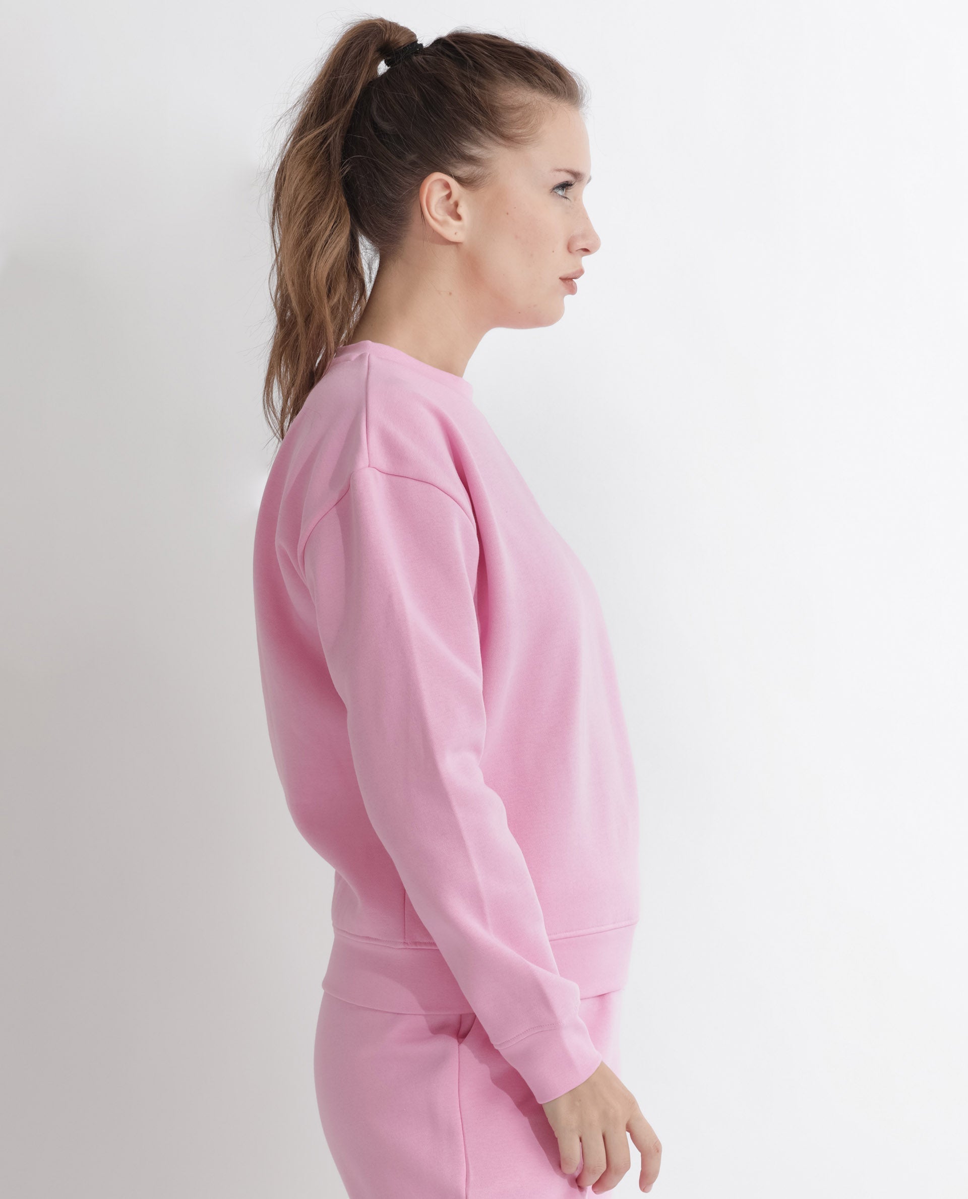 Rareism Women's Pelser Light Pink Polyester Blend Ribbed Collar Plain Cuffed Sleeve Relaxed Fit Sweatshirt