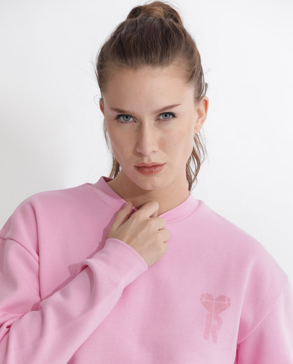 Rareism Women's Pelser Light Pink Polyester Blend Ribbed Collar Plain Cuffed Sleeve Relaxed Fit Sweatshirt