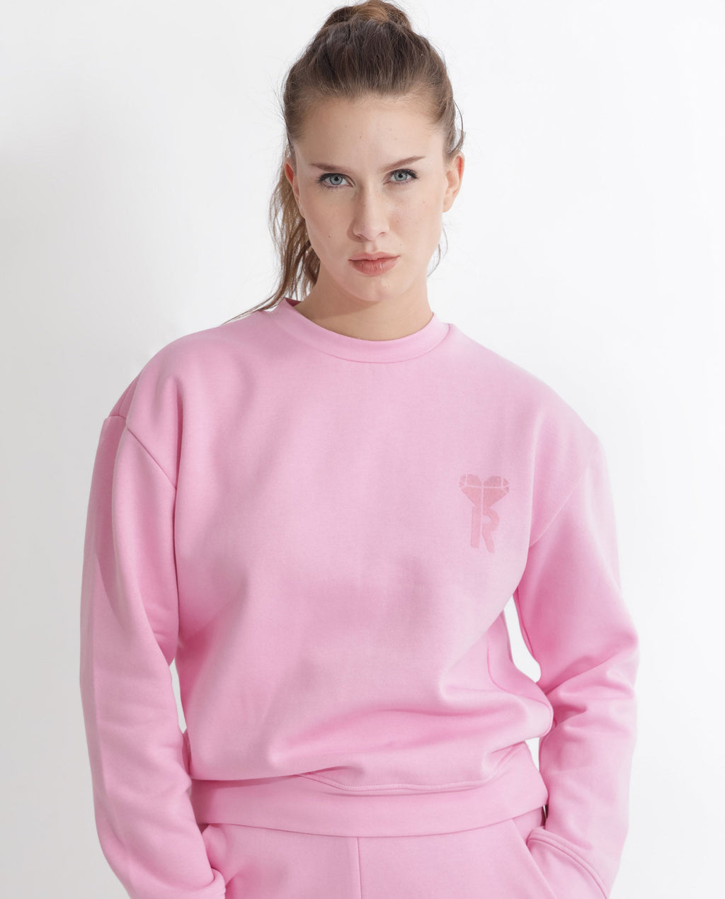 Rareism Women's Pelser Light Pink Polyester Blend Ribbed Collar Plain Cuffed Sleeve Relaxed Fit Sweatshirt