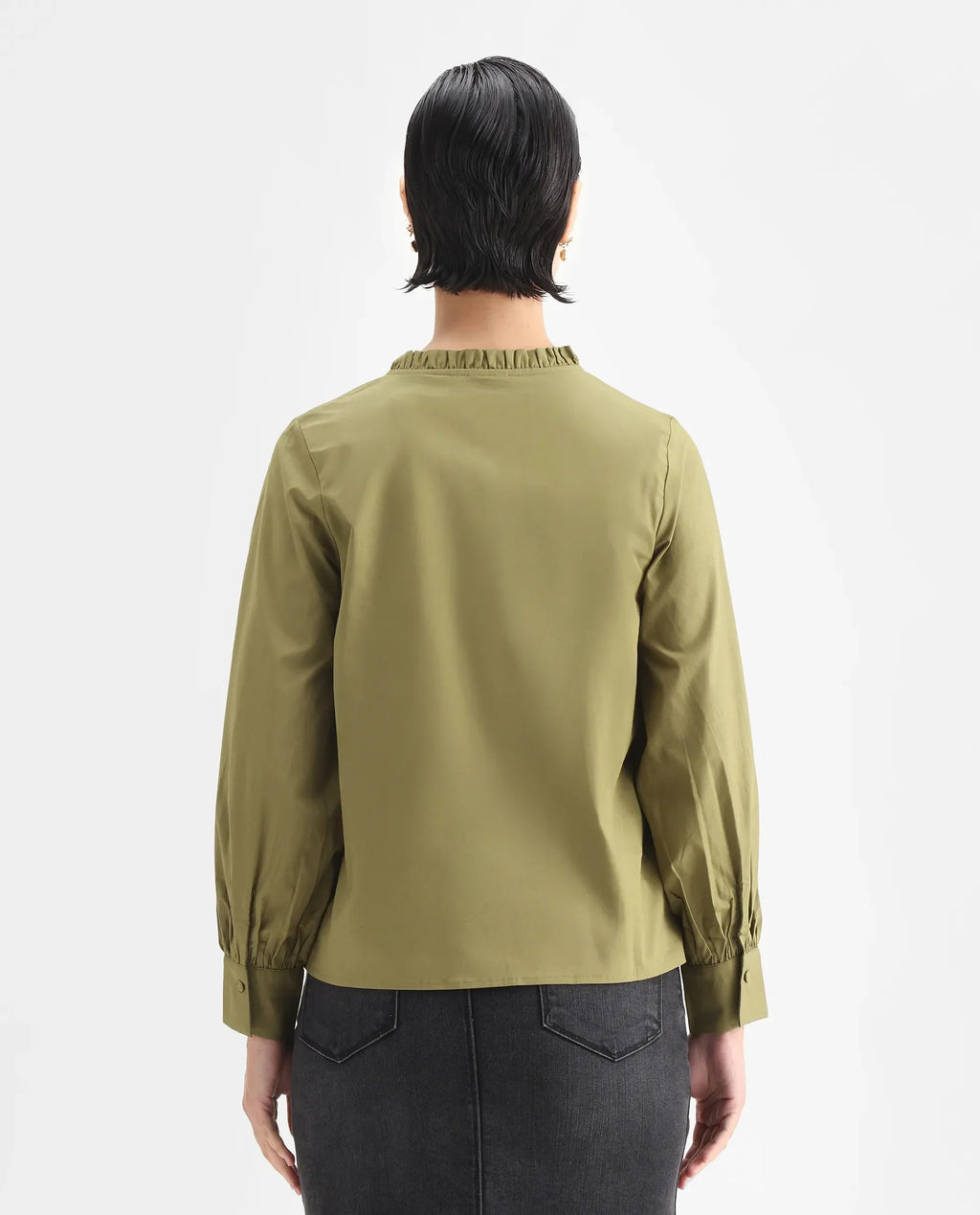 Rareism Women's Penla Light Green Cotton V-Neck Plain Cuffed Sleeve Regular Fit Top