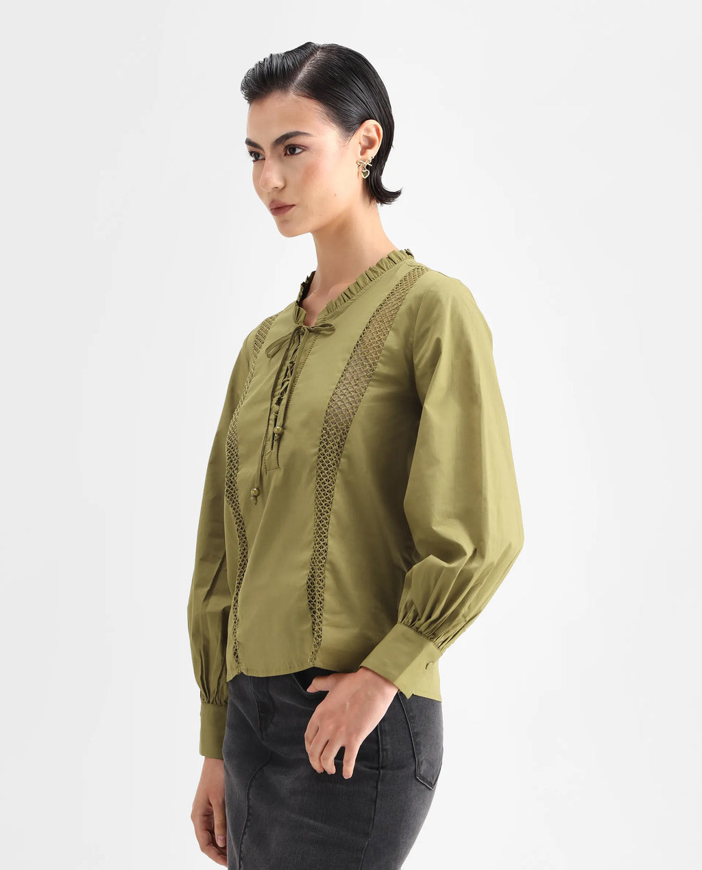 Rareism Women's Penla Light Green Cotton V-Neck Plain Cuffed Sleeve Regular Fit Top