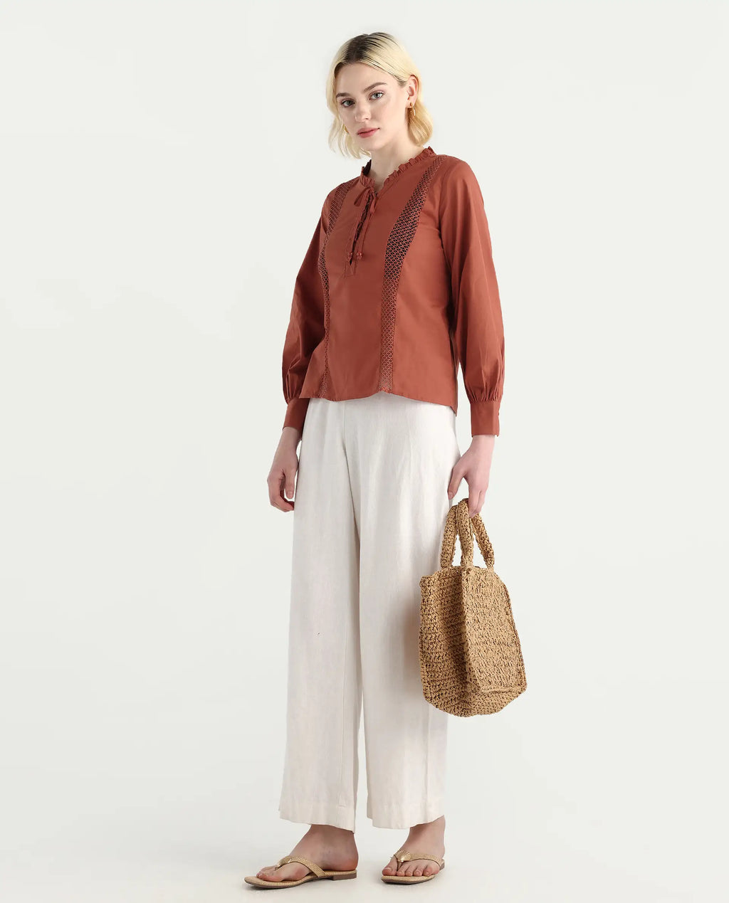 Rareism Women's Penla Rust Cotton V-Neck Plain Cuffed Sleeve Regular Fit Top