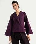 Rareism Women's Perdu Purple Cotton Blend V-Neck Plain Bell Sleeve Regular Fit Top