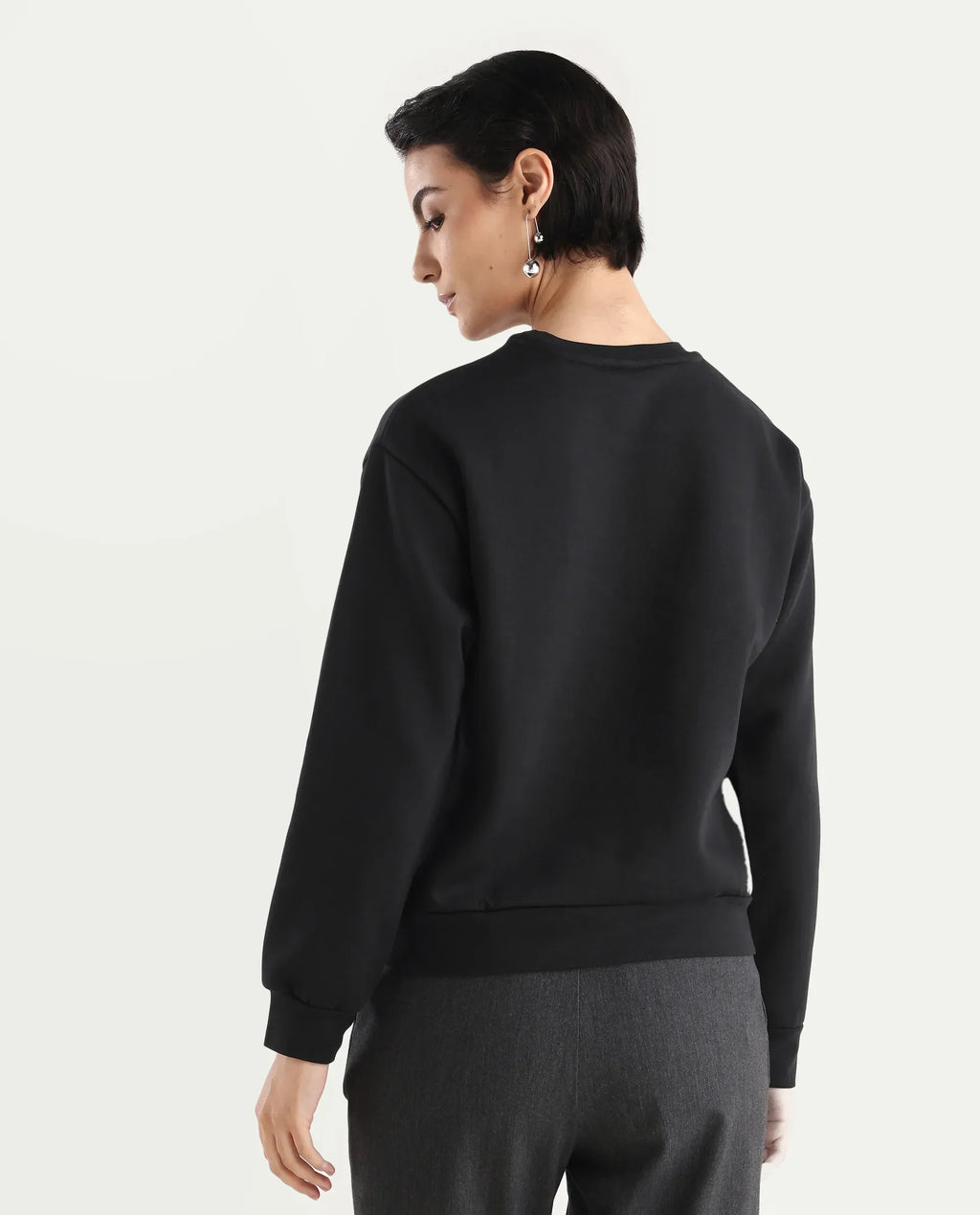Rareism Women's Pere Black Cotton Blend Crew Neck Graphic Print Relaxed Fit Sweatshirt