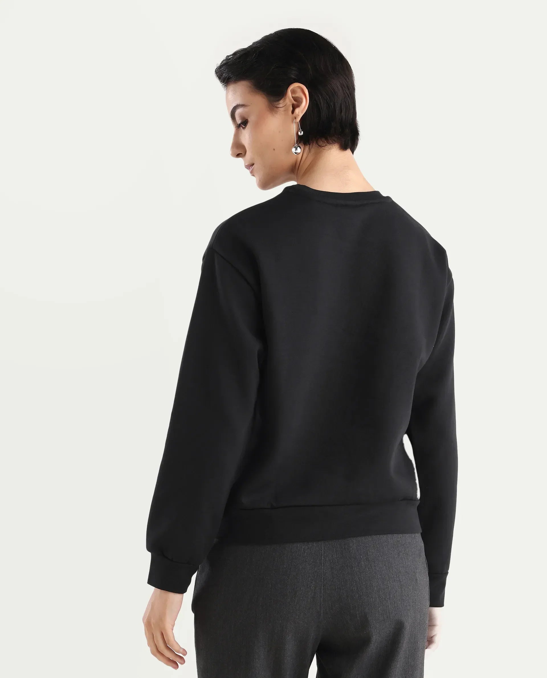 Rareism Women's Pere Black Cotton Blend Crew Neck Graphic Print Relaxed Fit Sweatshirt