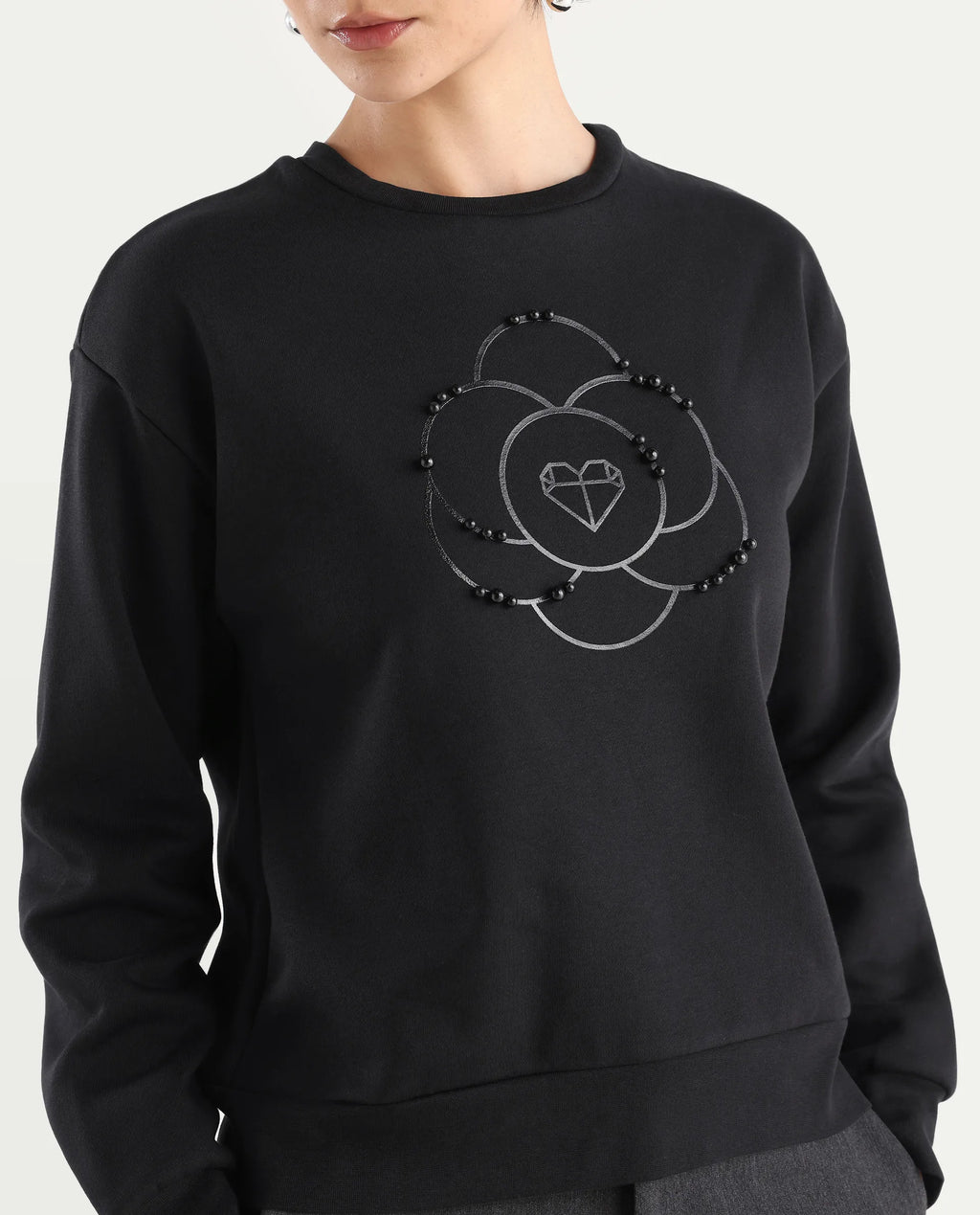 Rareism Women's Pere Black Cotton Blend Crew Neck Graphic Print Relaxed Fit Sweatshirt