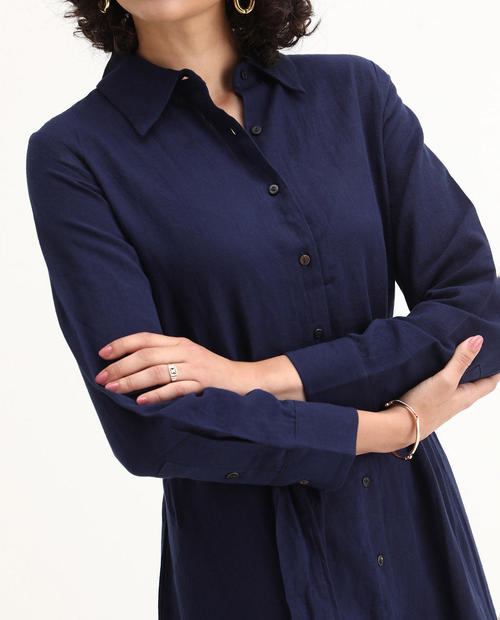 Rareism Women's Perif Dark Navy Cotton Blend Drop Collar Plain Cuffed Sleeve Midi A-Line Dress
