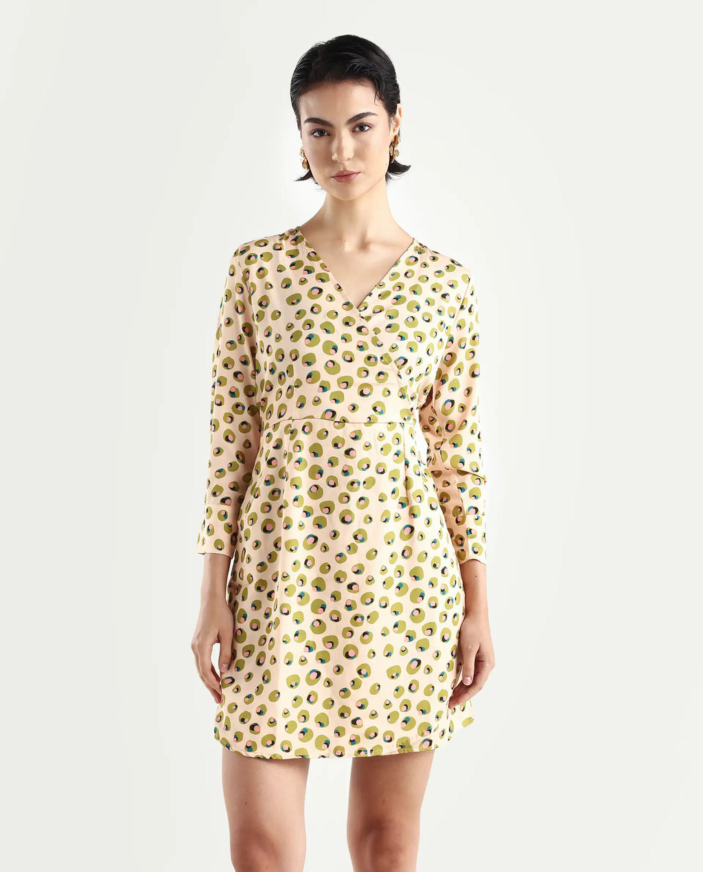 Rareism Women's Perk Peach Collarless Abstract Print Knee Length Regular Fit Dress