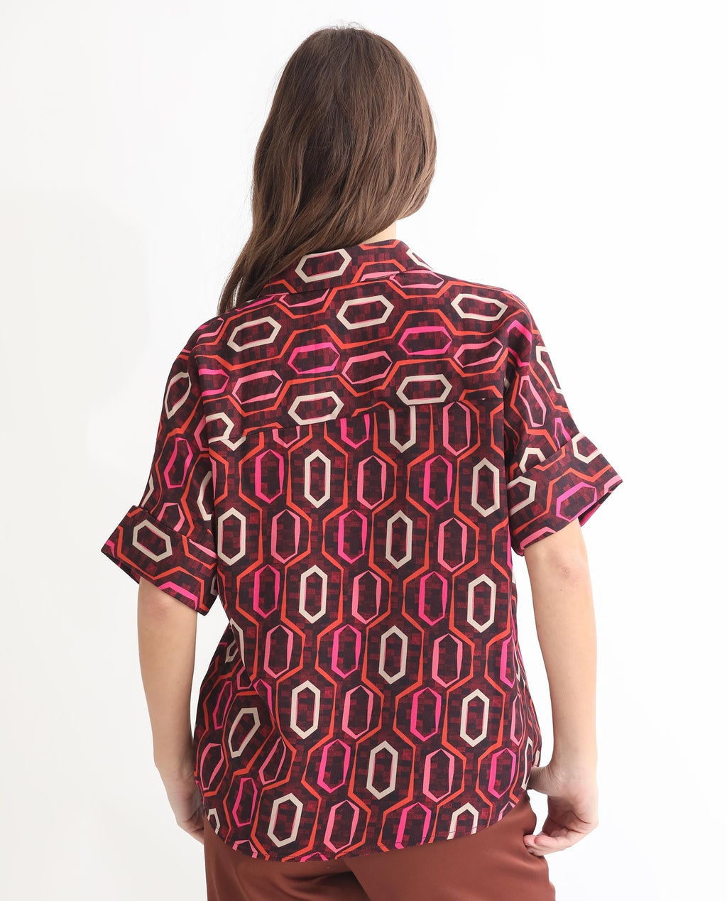 Rareism Women's Peru Brown Polyester Drop Collar Geometric Print Cuffed Sleeve Relaxed Fit Top