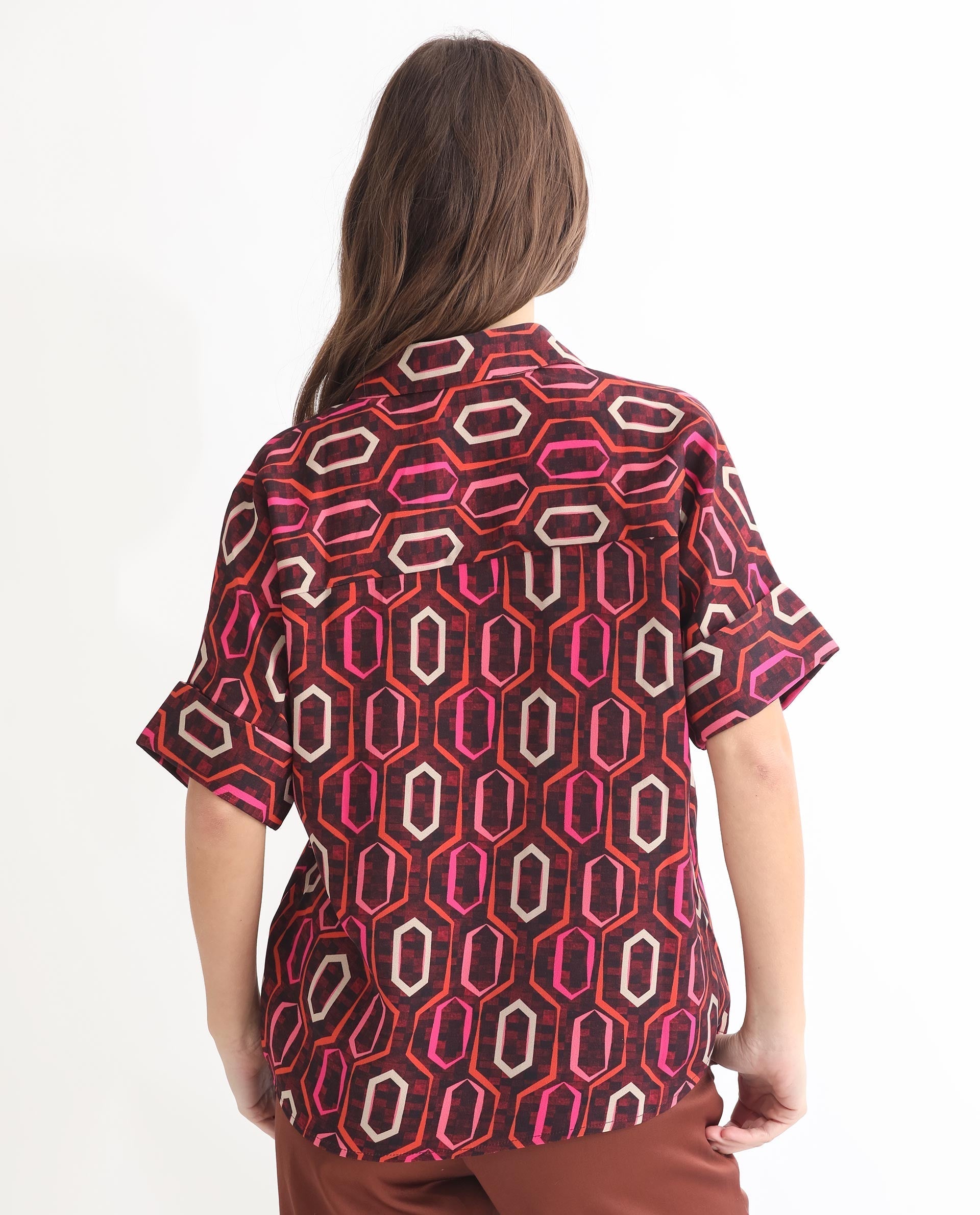 Rareism Women's Peru Brown Polyester Drop Collar Geometric Print Cuffed Sleeve Relaxed Fit Top