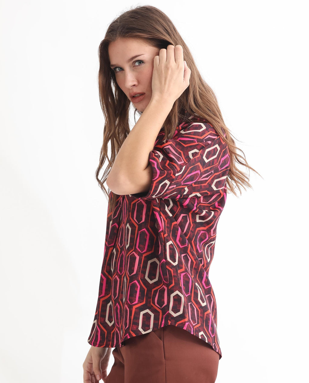 Rareism Women's Peru Brown Polyester Drop Collar Geometric Print Cuffed Sleeve Relaxed Fit Top