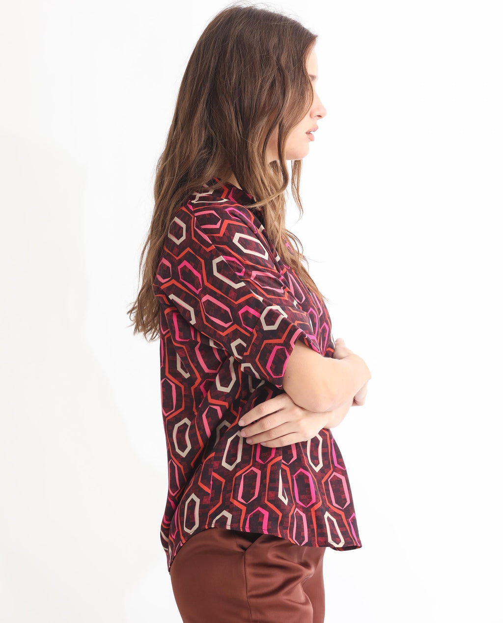 Rareism Women's Peru Brown Polyester Drop Collar Geometric Print Cuffed Sleeve Relaxed Fit Top