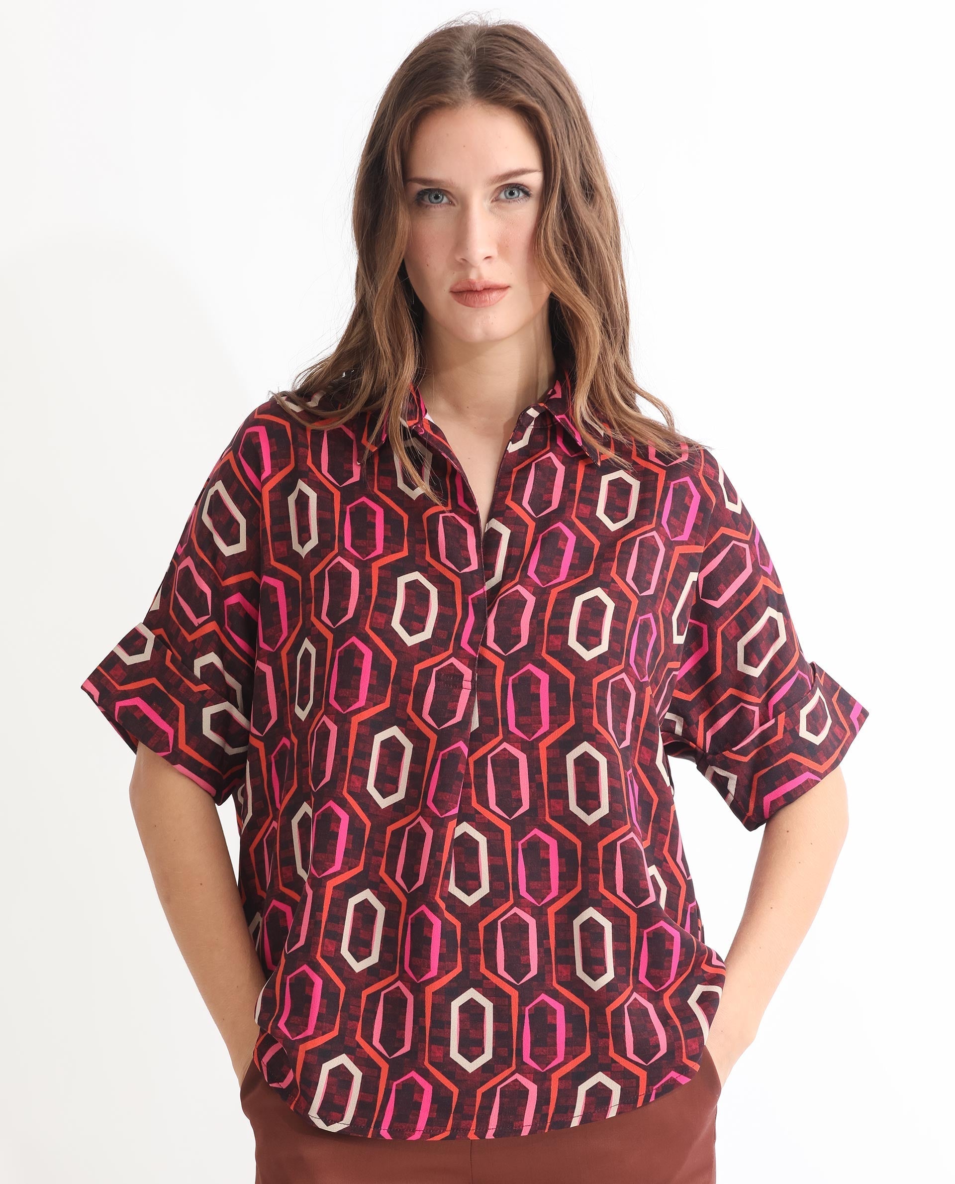 Rareism Women's Peru Brown Polyester Drop Collar Geometric Print Cuffed Sleeve Relaxed Fit Top