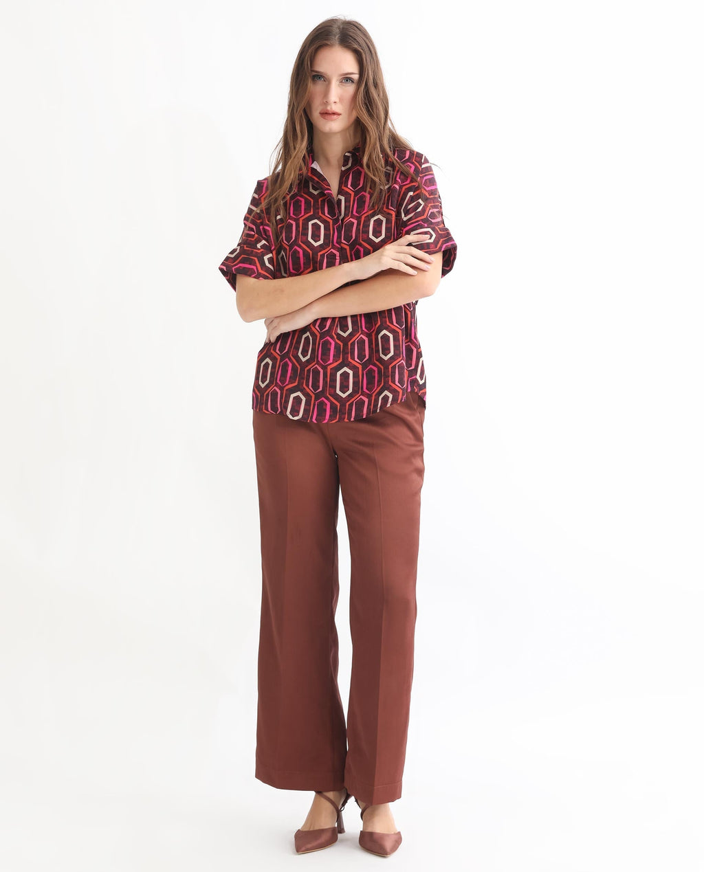 Rareism Women's Peru Brown Polyester Drop Collar Geometric Print Cuffed Sleeve Relaxed Fit Top