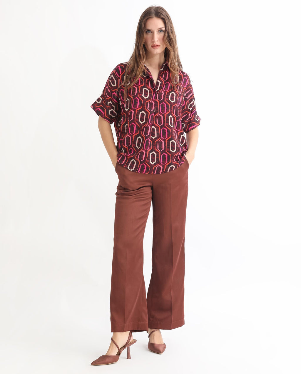 Rareism Women's Peru Brown Polyester Drop Collar Geometric Print Cuffed Sleeve Relaxed Fit Top