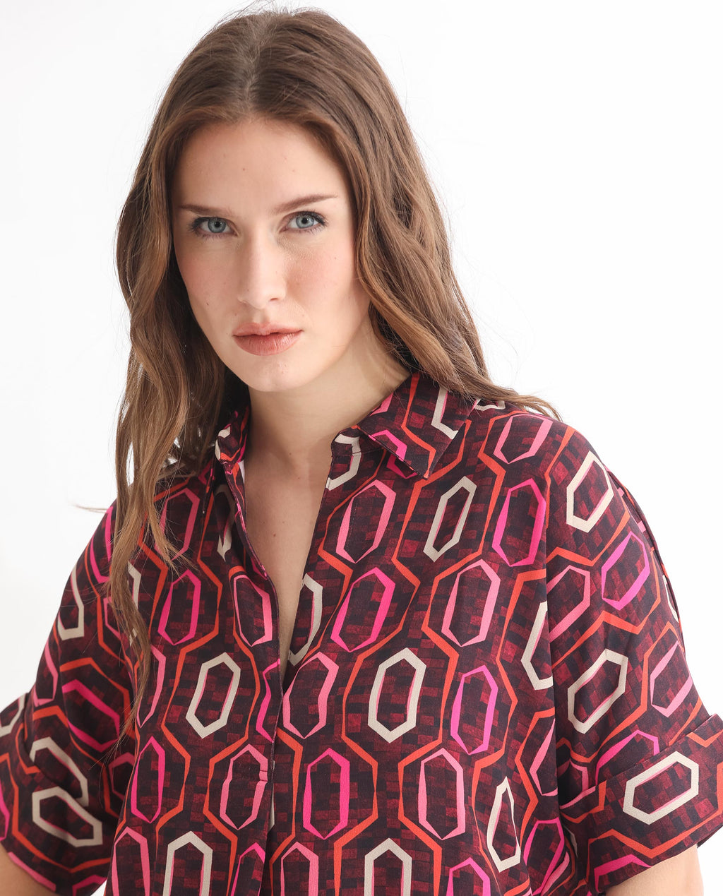 Rareism Women's Peru Brown Polyester Drop Collar Geometric Print Cuffed Sleeve Relaxed Fit Top