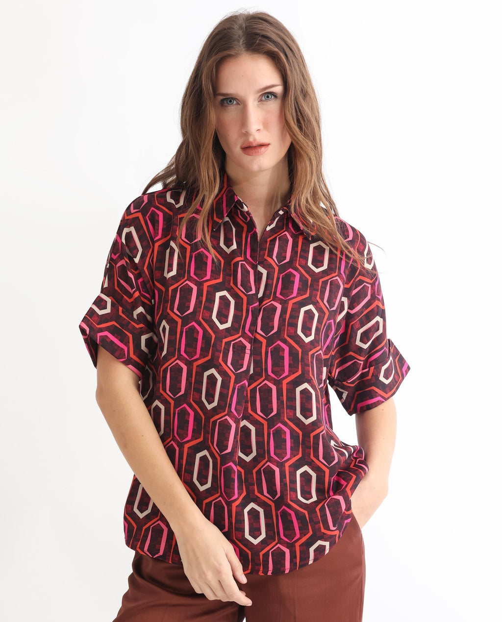 Rareism Women's Peru Brown Polyester Drop Collar Geometric Print Cuffed Sleeve Relaxed Fit Top
