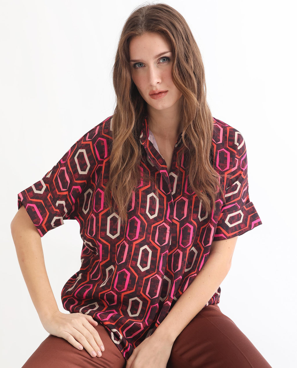Rareism Women's Peru Brown Polyester Drop Collar Geometric Print Cuffed Sleeve Relaxed Fit Top