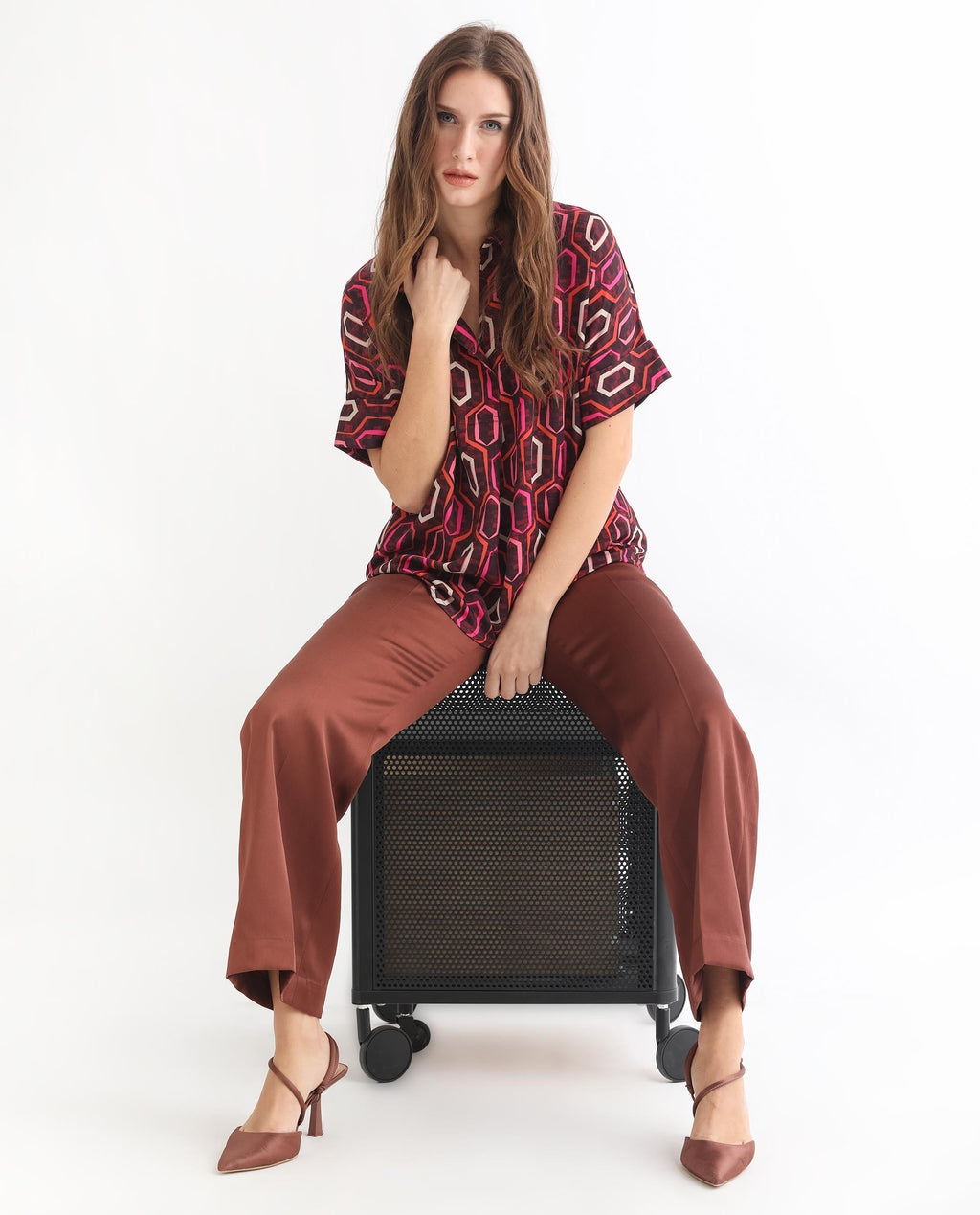 Rareism Women's Peru Brown Polyester Drop Collar Geometric Print Cuffed Sleeve Relaxed Fit Top