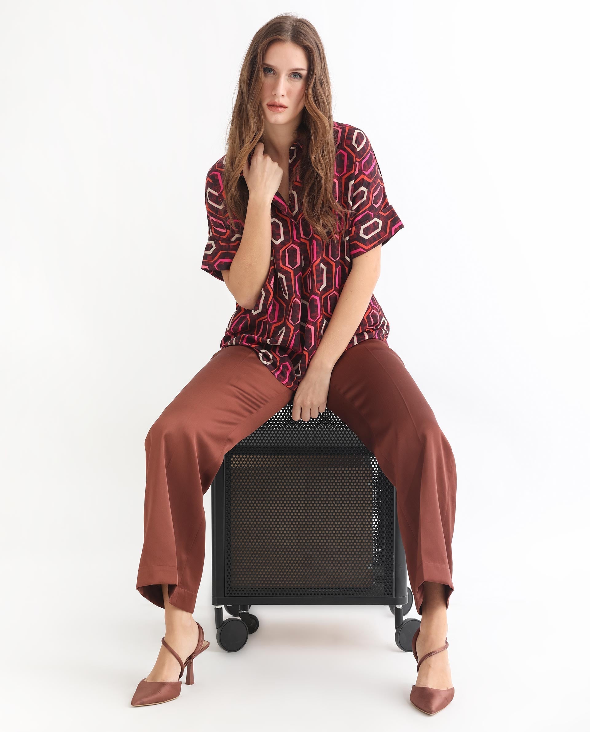 Rareism Women's Peru Brown Polyester Drop Collar Geometric Print Cuffed Sleeve Relaxed Fit Top