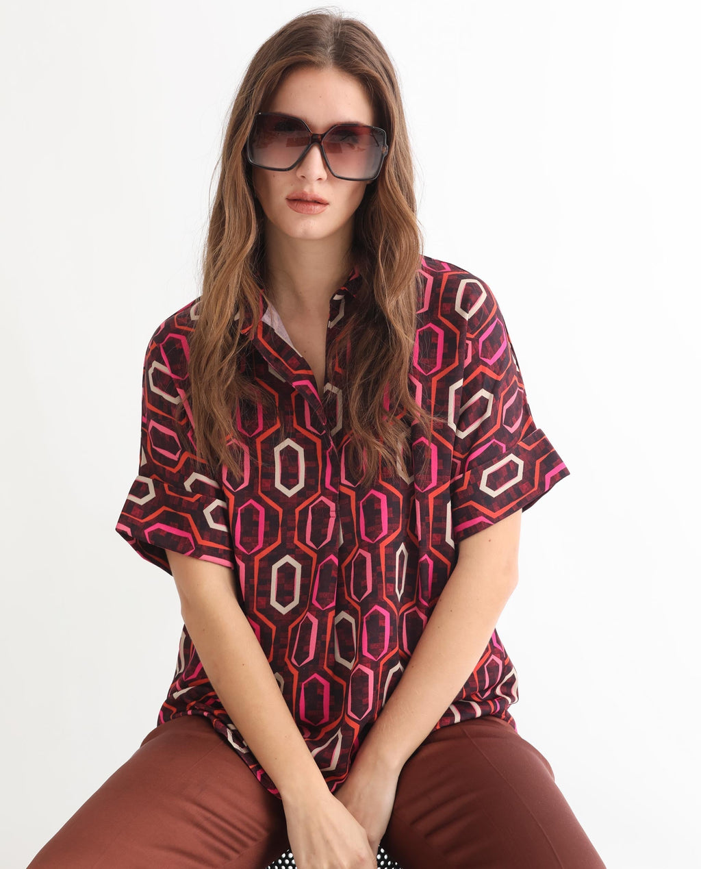 Rareism Women's Peru Brown Polyester Drop Collar Geometric Print Cuffed Sleeve Relaxed Fit Top