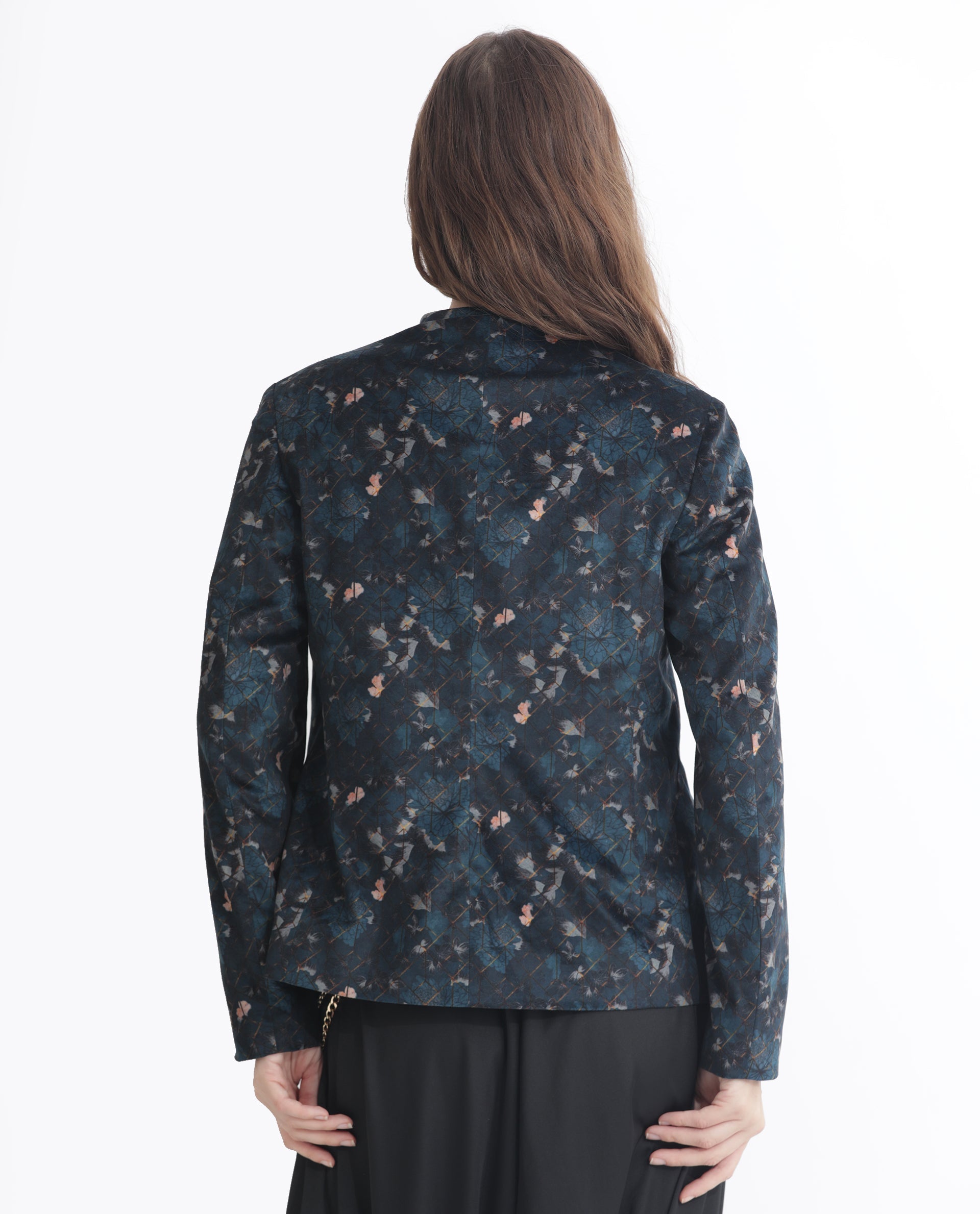 Rareism Women's Pesko Navy Velvet Collarless Paisley Print Regular Fit Shrug