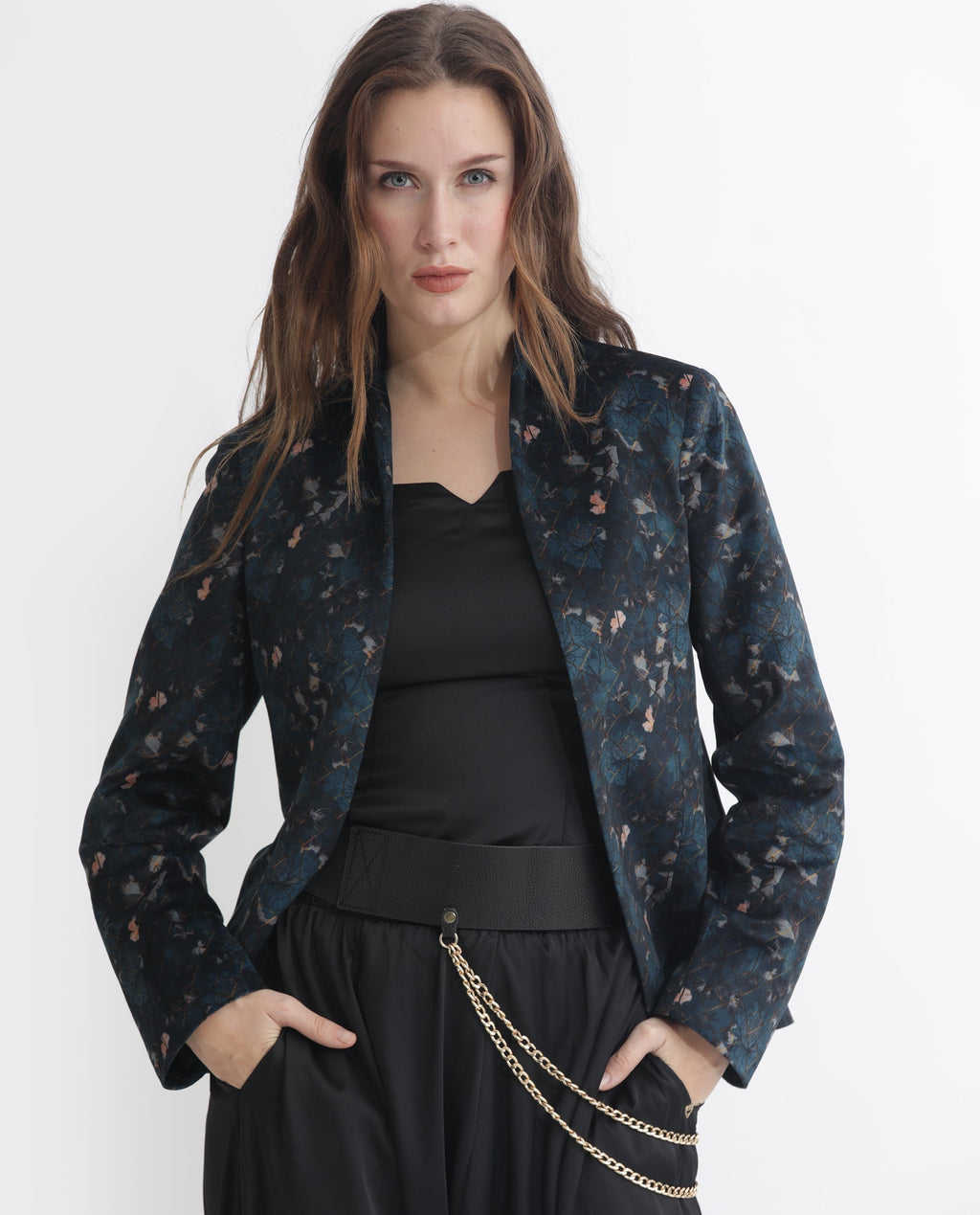 Rareism Women's Pesko Navy Velvet Collarless Paisley Print Regular Fit Shrug