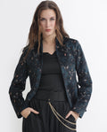 Rareism Women's Pesko Navy Velvet Collarless Paisley Print Regular Fit Shrug