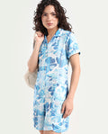 Rareism Women's Pisa Light Blue Rayon Lapel Neck Floral Print Knee Length Regular Fit Dress