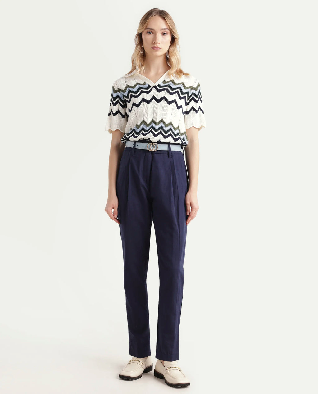 Rareism Women's Plio Dark Navy Cotton Blend Plain Ankle Length Tapered Trouser