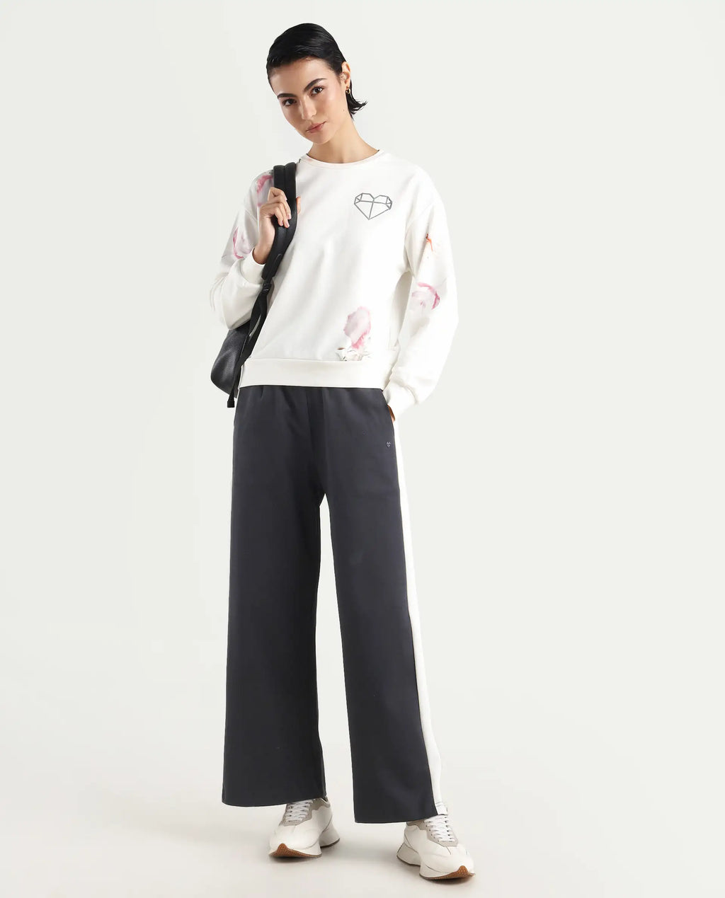 Rareism Women's Plume Off White Cotton Blend Crew Neck Graphic Print Relaxed Fit Sweatshirt