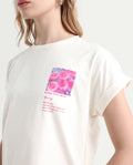 Rareism Women's Poctri Off White Cotton Blend Crew Neck Graphic Print Extended Sleeves Regular Fit T-Shirt