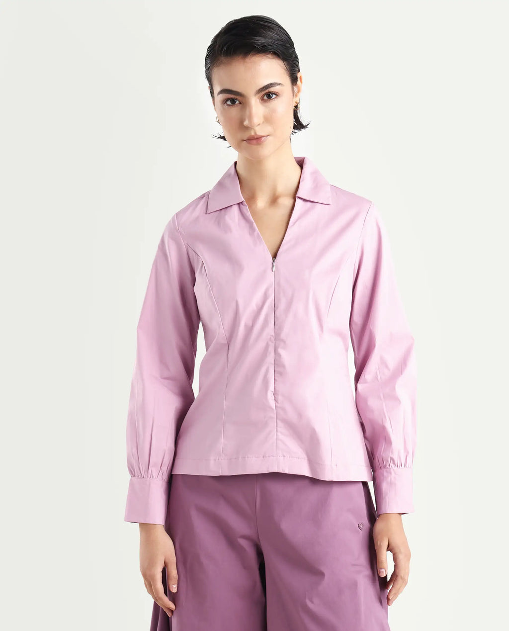 Rareism Women's Pomogra Light Pink Cotton Johnny Collar Plain Cuffed Sleeve Regular Fit Top