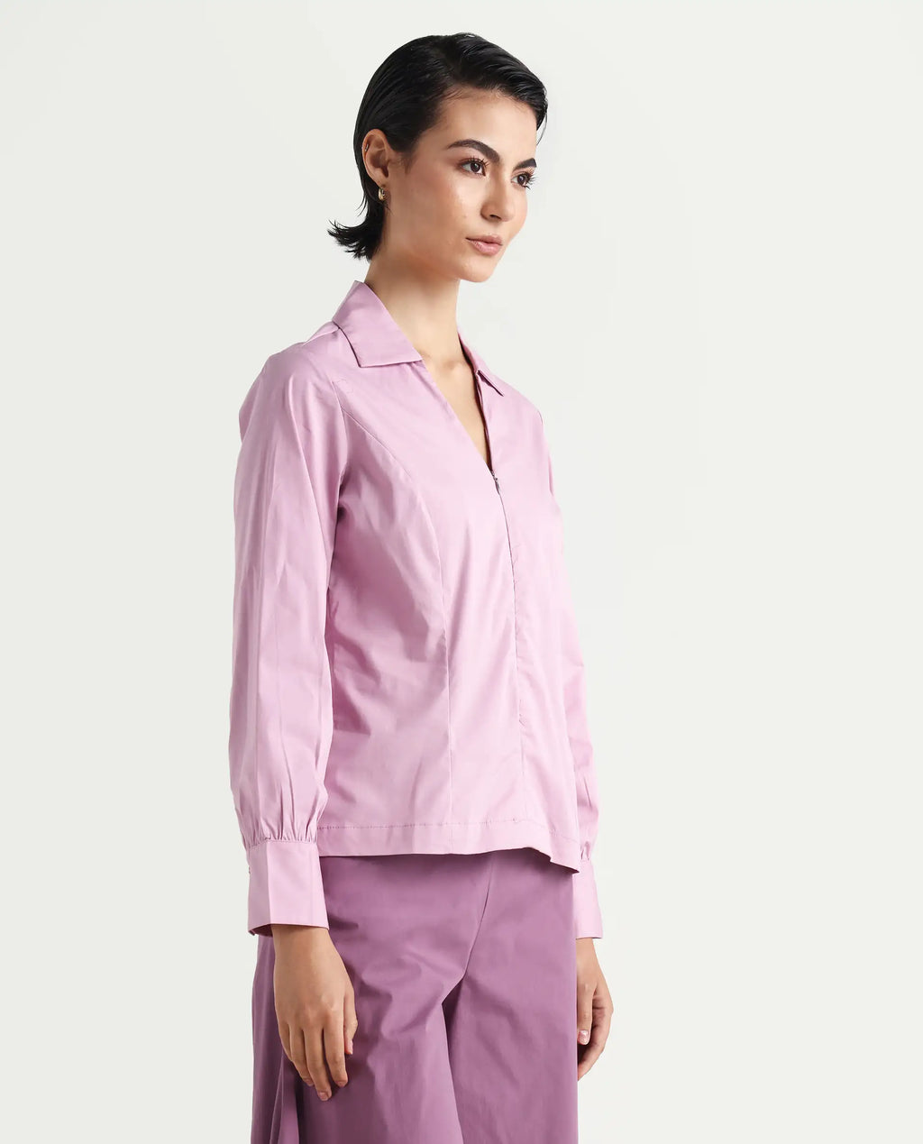 Rareism Women's Pomogra Light Pink Cotton Johnny Collar Plain Cuffed Sleeve Regular Fit Top